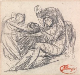 Deux figures aidant une figure assise